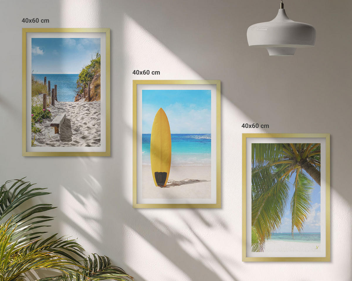WANDBILDER 3er Set - 40x60 cm Goldrahmen - Urlaubsstrände, Wellen, Palmen - Goldfarben, Kunststoff (40/60cm) - ArtPrintCave