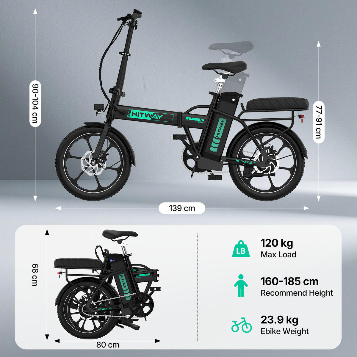 E-BIKE BK5SL Faltbar mit 36V 13Ah Akku und 3 Gang Modus - Schwarz, Metall (64cm) - HITWAY