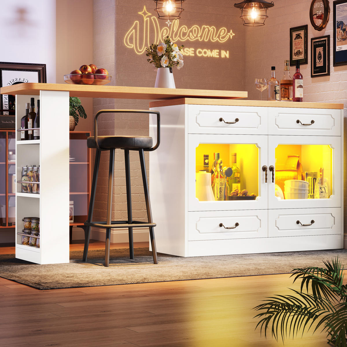 KÜCHENINSEL aus MDF 135-203x39x92,8cm in Weiß mit LED - Weiß, Holzwerkstoff (39/92.8/203cm) - Modfu