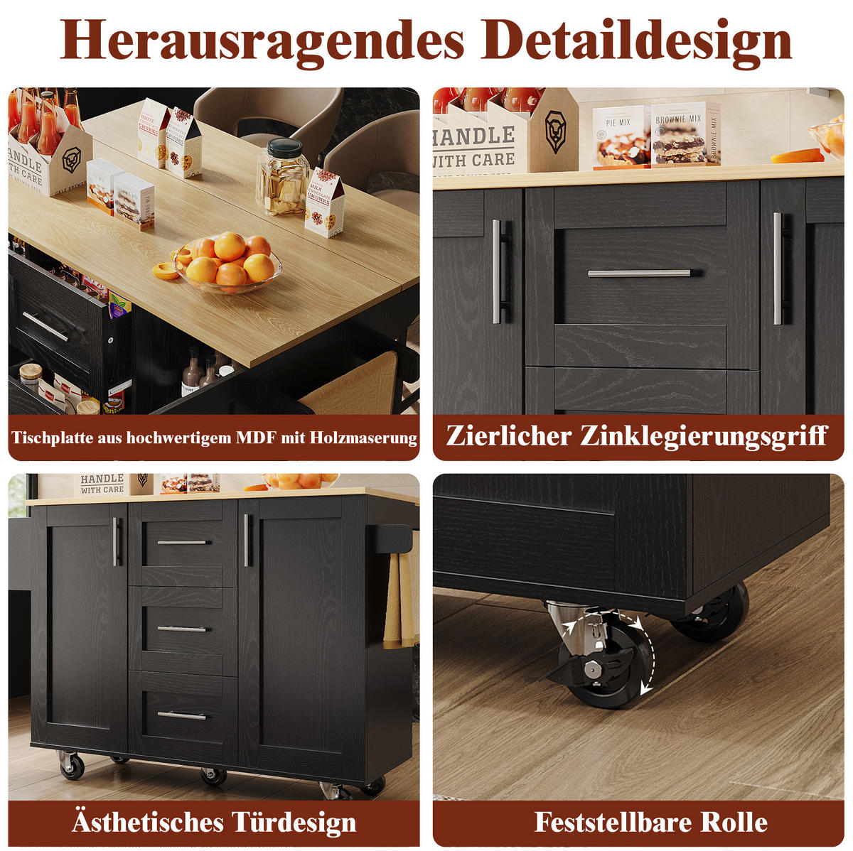 KÜCHENWAGEN 135x74x87.2cm Schwarz mit Klappseiten, 3 Schubladen, Snackregal & 5 Rollen - Schwarz, Holzwerkstoff (135/87.2/74cm) - Modfu