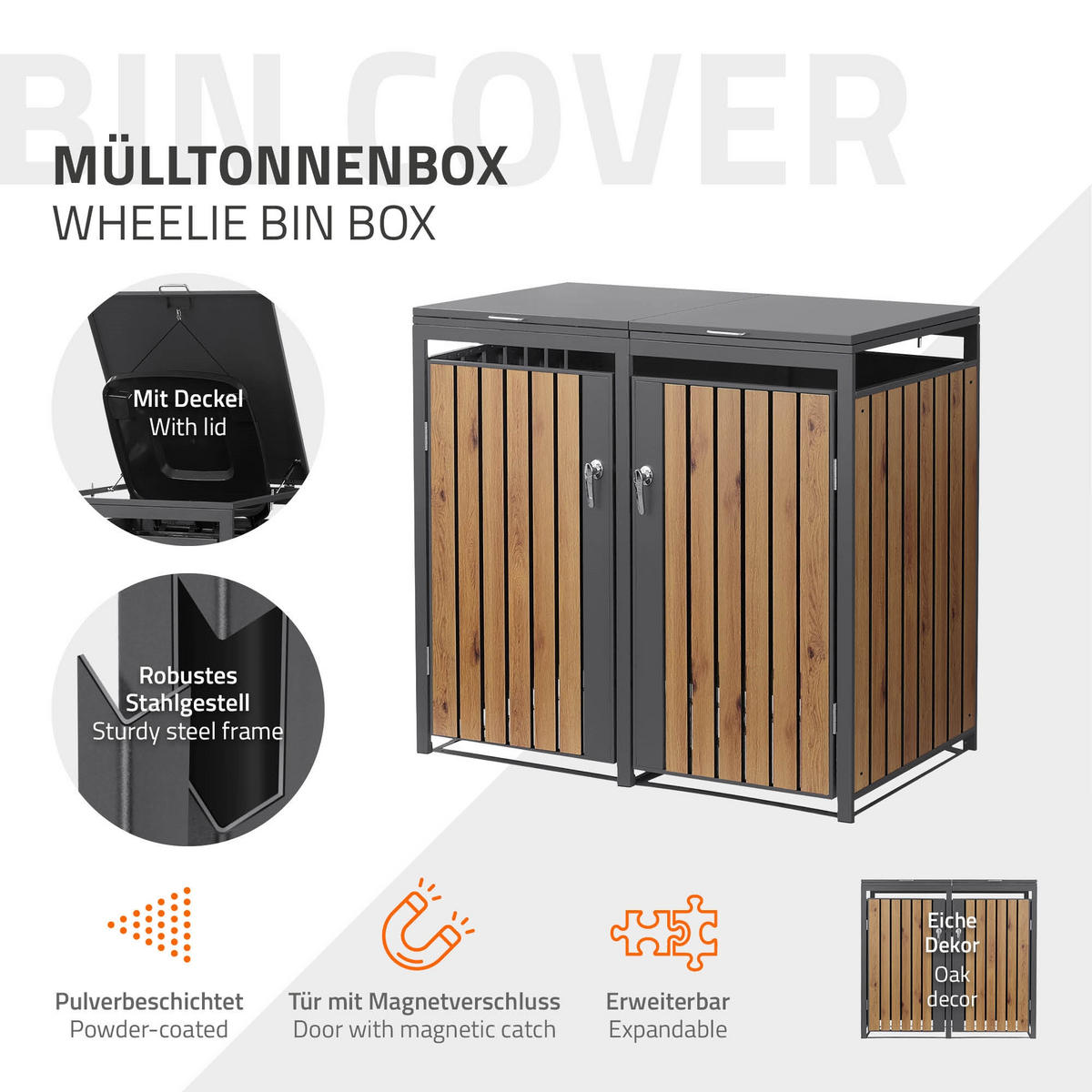 MÜLLTONNENBOX 2er Anthrazit-Eichenoptik - Dunkelbraun, Metall (132/120/80cm) - ML-DESIGN