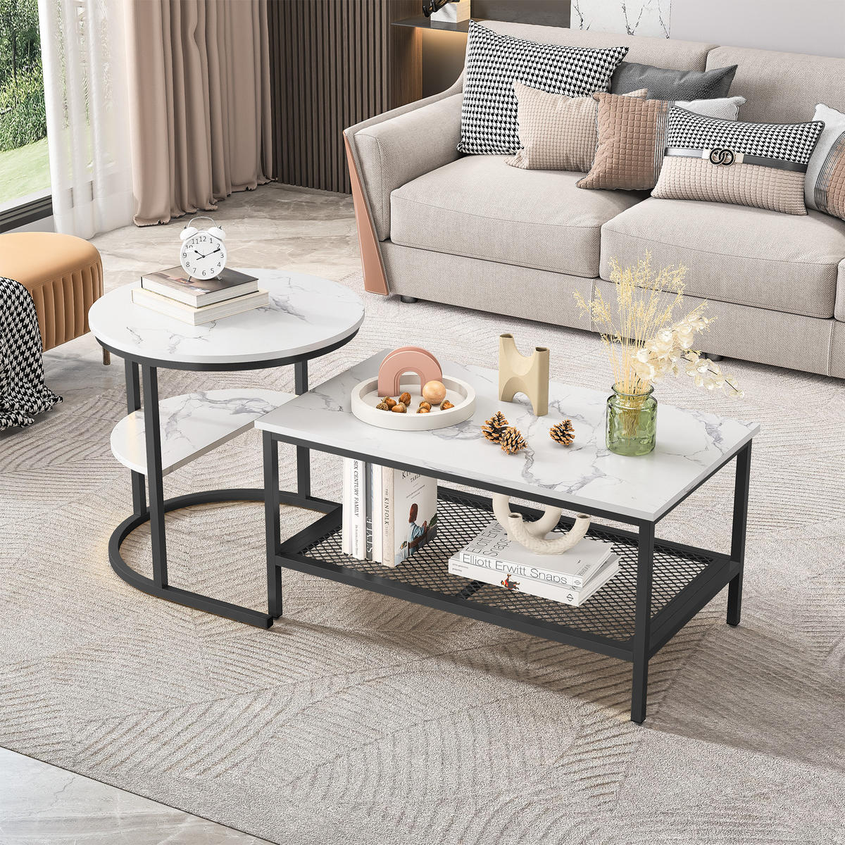 COUCHTISCH-SET DE-37265 2-in-1 rund mit Marmorplatte Schwarz - Schwarz, Metall (105/50/51cm) - ComfortXL