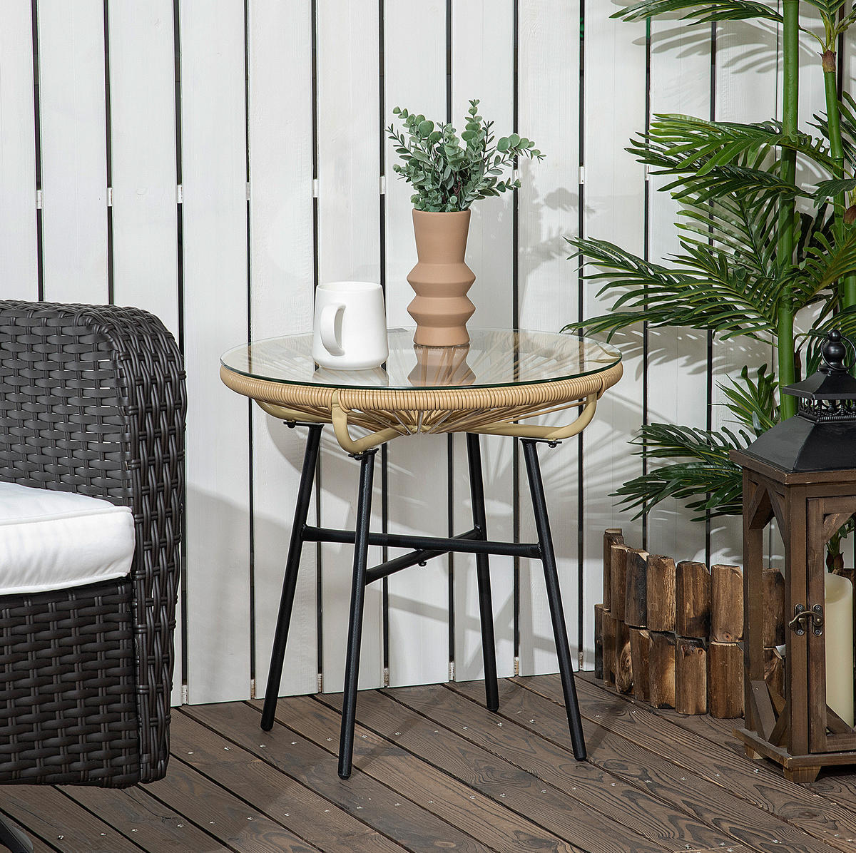 BEISTELLTISCH 50/50/50 cm mit gehärteter Glasplatte und PE-Rattan-Geflecht im Boho-Stil, Beige - Beige, Glas (50/50/50cm) - Redom