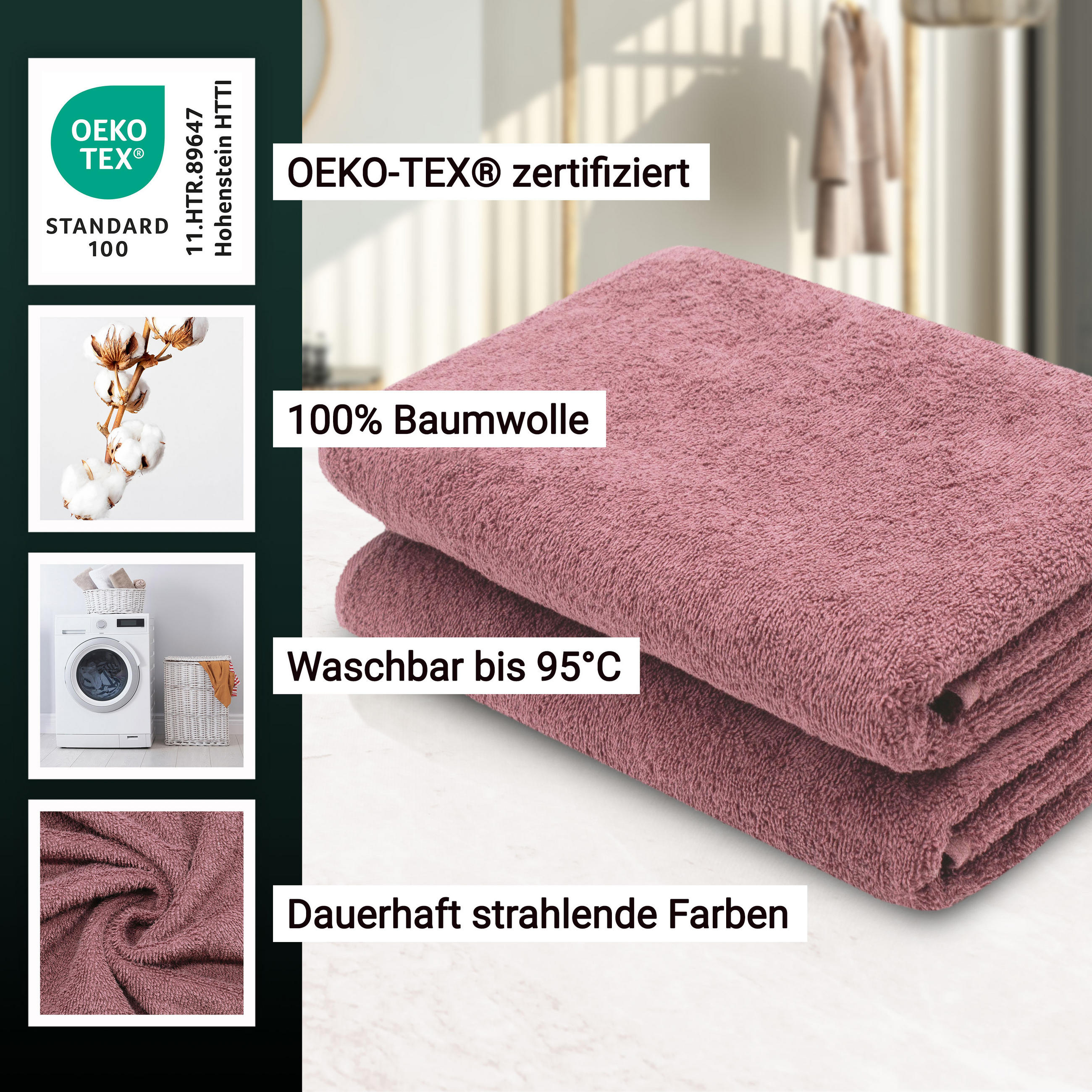 DUSCHTÜCHER, 2er-Set, 70x140 cm, 100% Baumwolle, Rosa - Altrosa, Textil (70/140cm) - Zollner