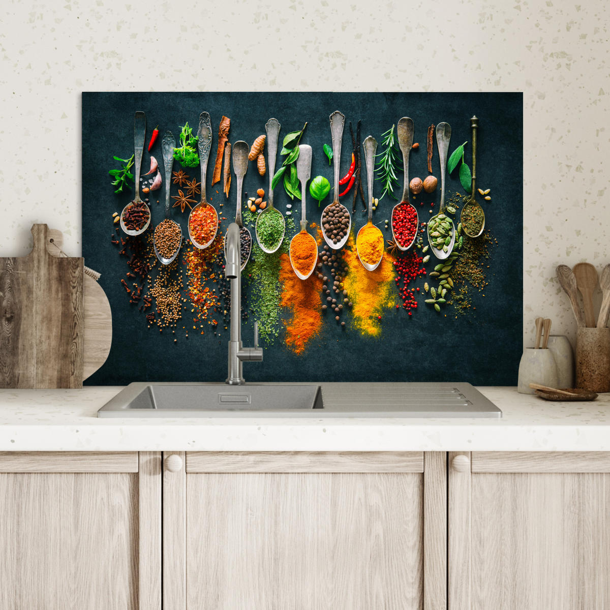 SPRITZSCHUTZ KÜCHE Kräuter - Gewürze - Löffel 70x50 cm - Multicolor, Metall (70/0.3/50cm) - MuchoWow