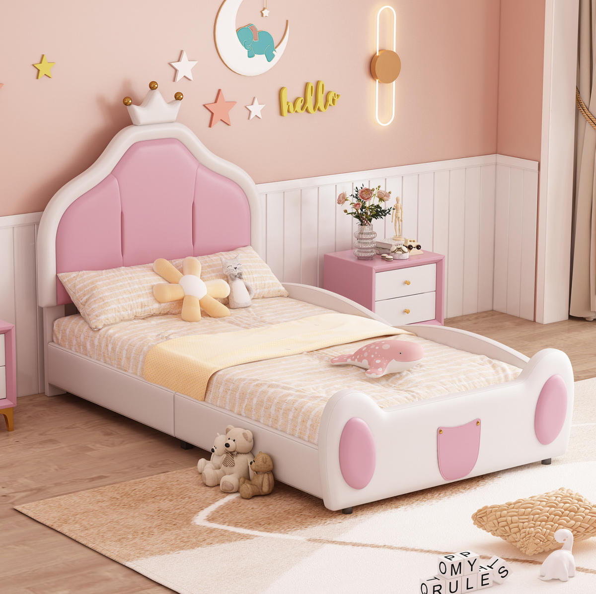 KINDEREINZELBETTEN aus Kunstleder 90x200 cm in Weiß mit Kronen-Kopfteil - Weiß, Leder (90/200cm) - Modfu