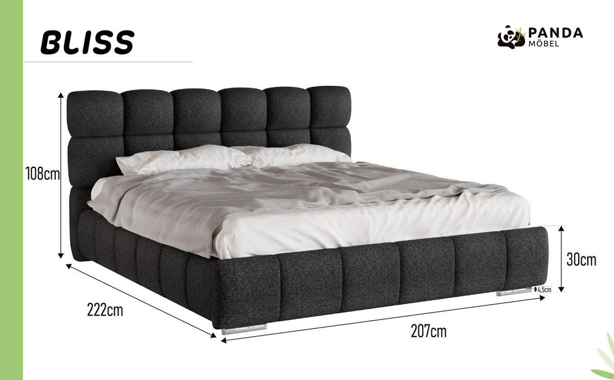 POLSTERBETT Bliss 180 x 200 cm mit Bettkasten und Lattenrost 7zonen Multipocketmatratze CIRA (24cm) - schwarz - Schwarz, Holz (180/200cm) - Panda Möbel