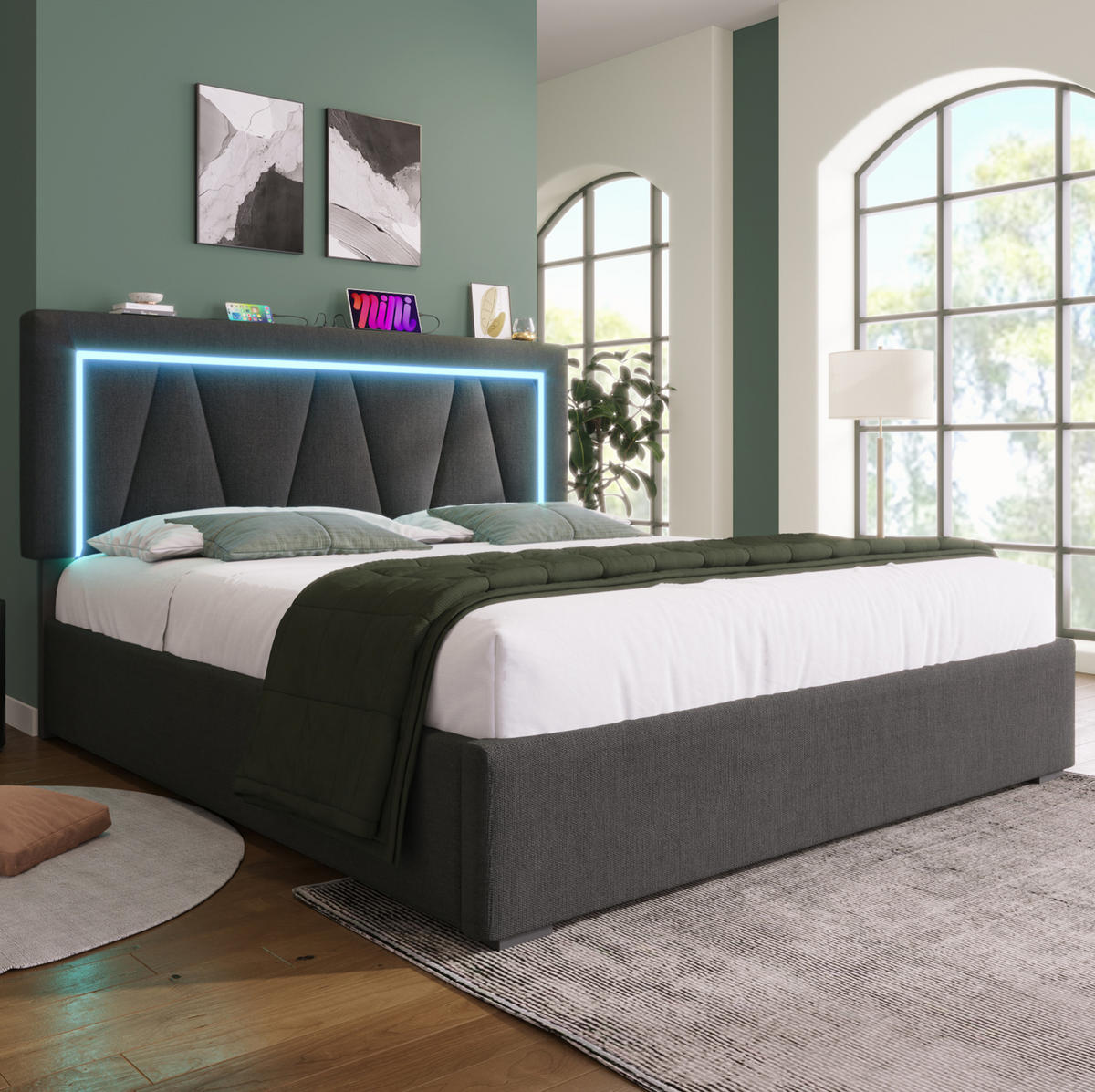 POLSTERBETT 140/200 cm mit LED-Beleuchtung, USB- und Type-C-Anschluss, Bettkasten und Matratze, Grau - Grau, Textil (140/200cm) - Redom