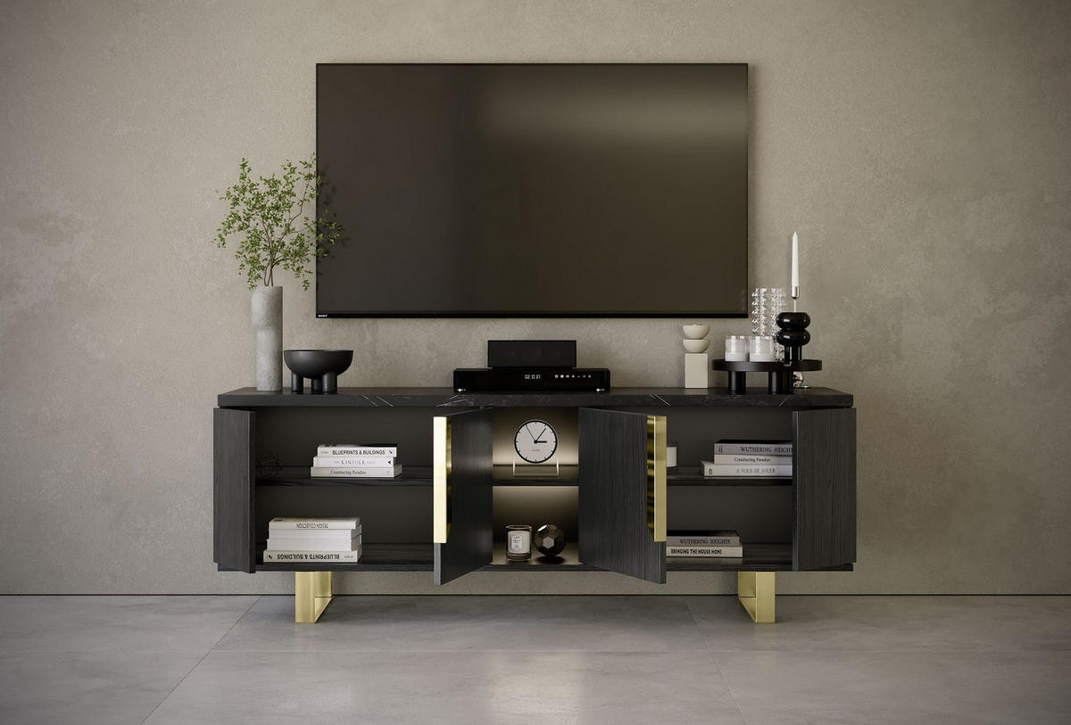 LOWBOARD ORION 165/205 cm in Rosenholzoptik mit Marmoroptik - Goldfarben/Schwarz, Holzwerkstoff/Metall (165/50/49cm) - Interdesign24