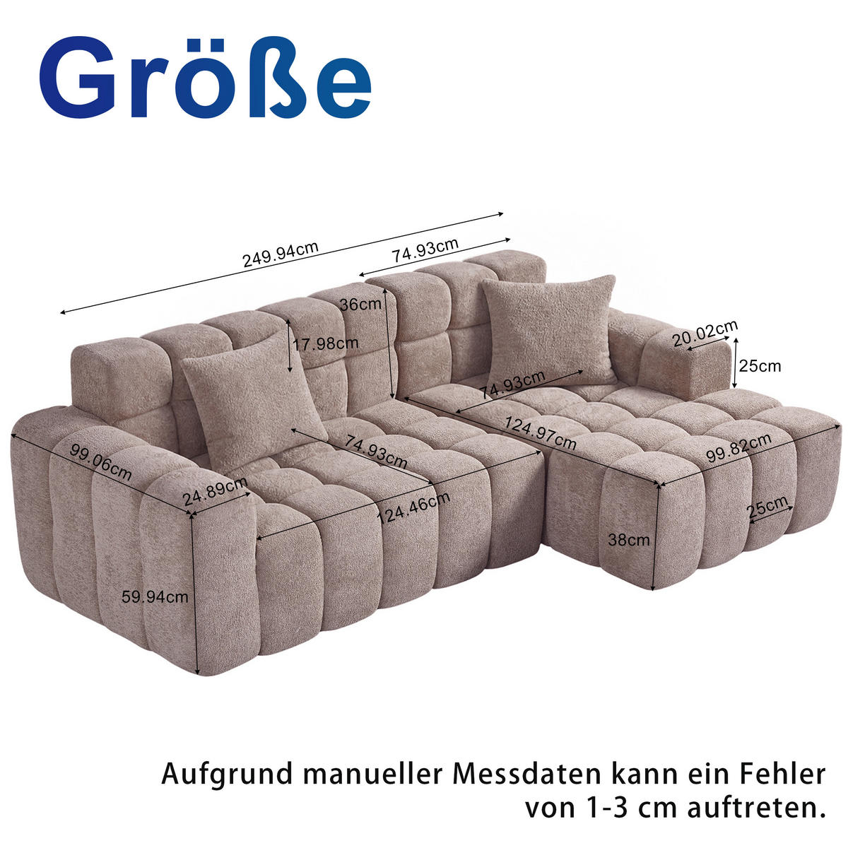 ECKSOFA L-Form 3-Sitzer in Taupe aus Samt mit recht Chaiselongue - Taupe, Textil (249.94/149.1cm) - CHICFURN