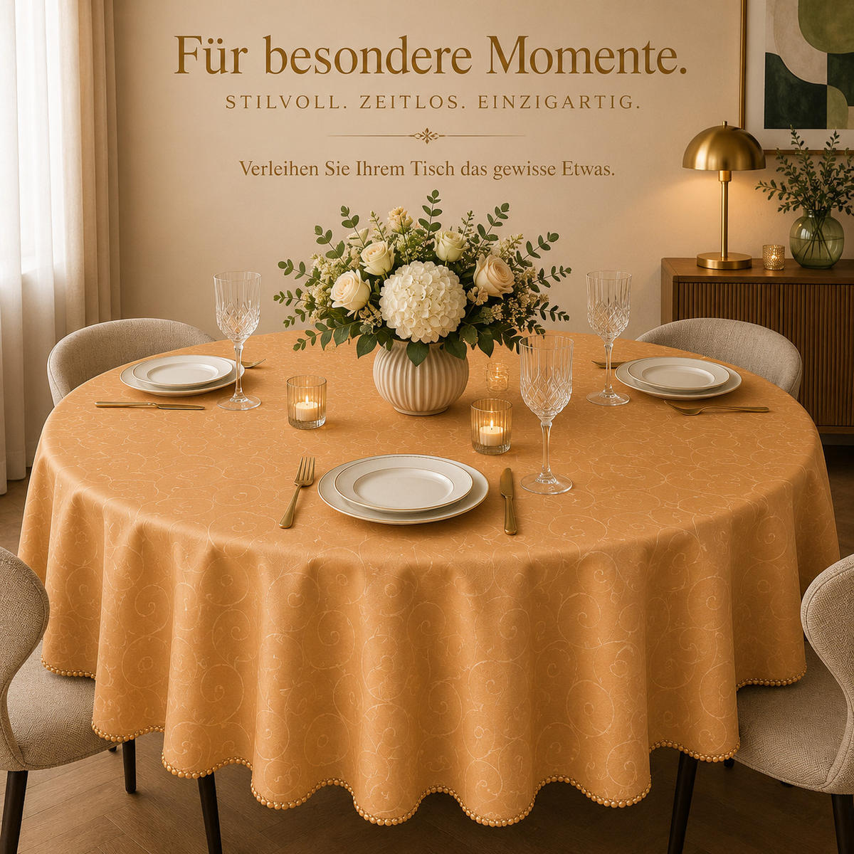 TISCHDECKE 135 cm rund Ornamente Orange - Orange, Textil (135cm) - TiborTex