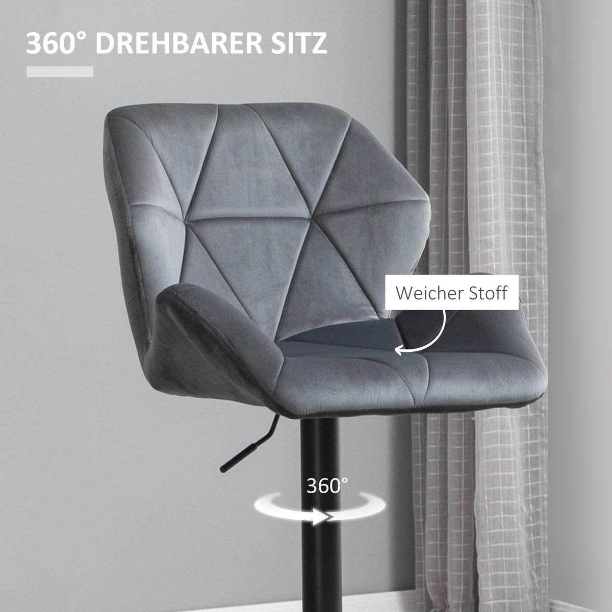 BARHOCKER 2er Set, Gepolstert mit Metallgestell, Samtoptik Grau - Schwarz/Grau, Textil/Metall (57/117/58cm) - HOMCOM