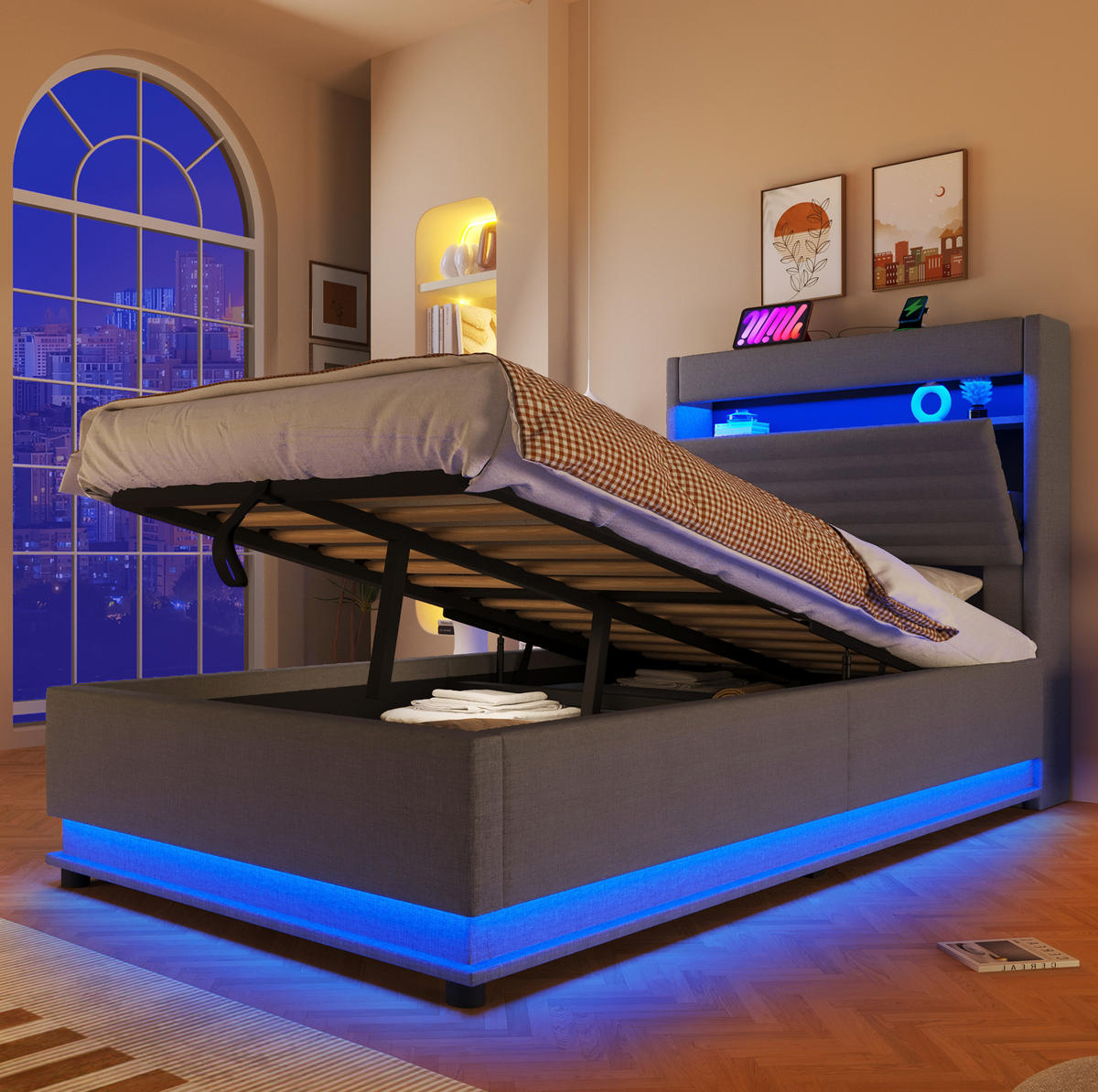 POLSTERBETT 90/200 cm mit LED-Beleuchtung, USB- und Typ-C-Anschluss, hydraulischem Stauraum und Ablage, Grau - Grau, Textil (90/200cm) - Redom