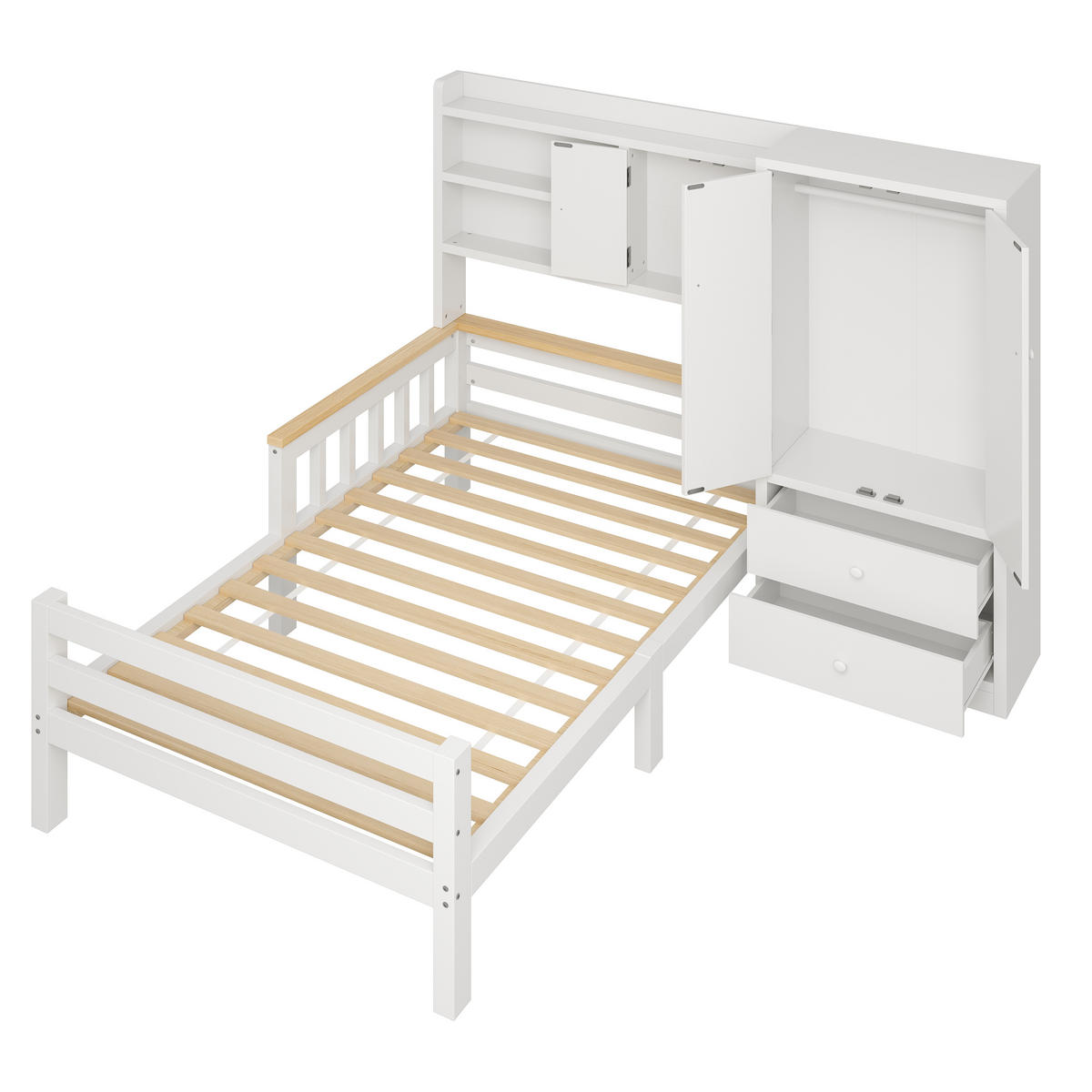 KINDERBETT 90/200 mit Kleiderschrank, Rausfallschutz & Schubladen, Holz, Weiß - Weiß, Holz (90/200cm) - LVHOM