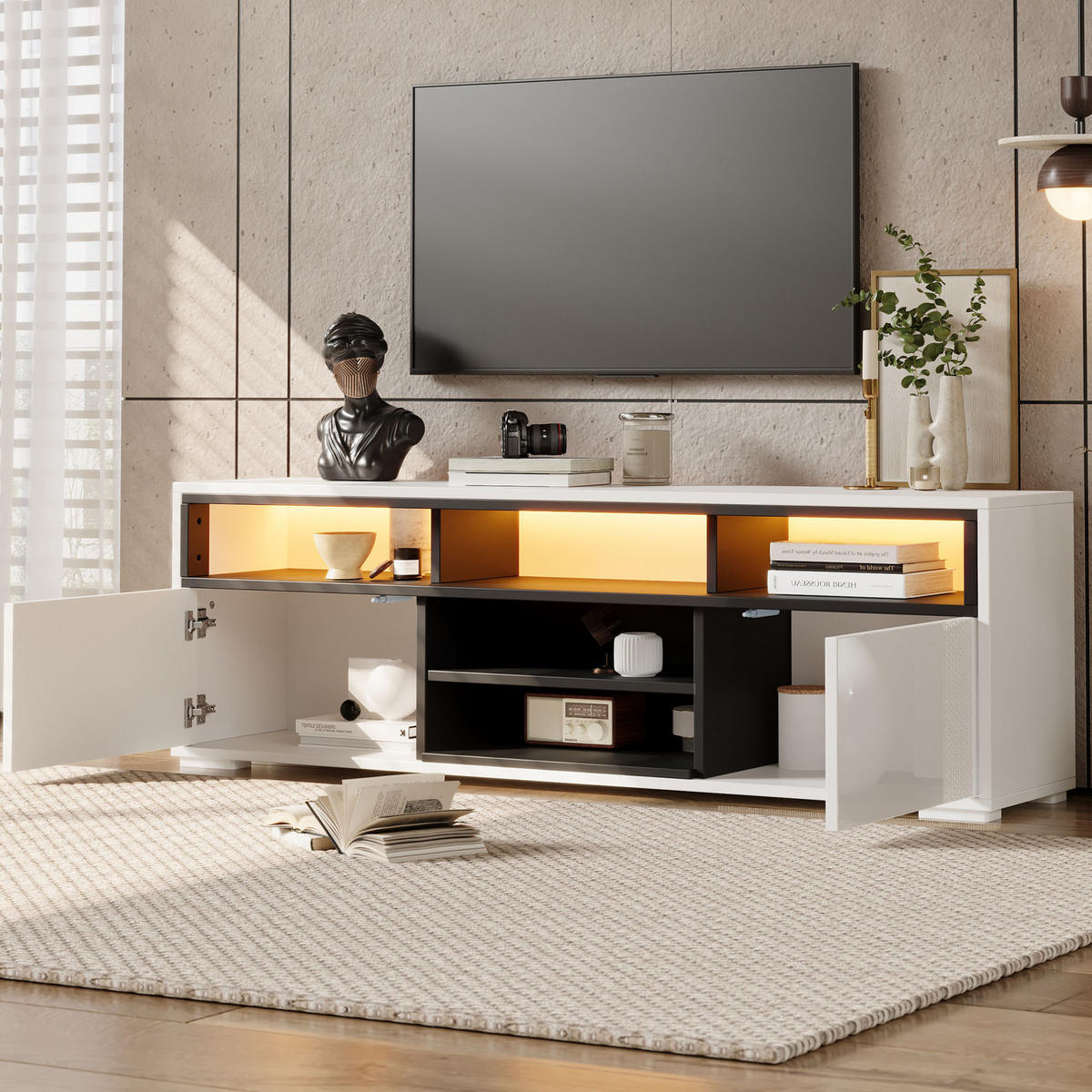 TV-LOWBOARD 150/35/50 cm weiß aus Spanplatte mit LED und Stauraum - Weiß, Holzwerkstoff (150/50/35cm) - OKWISH