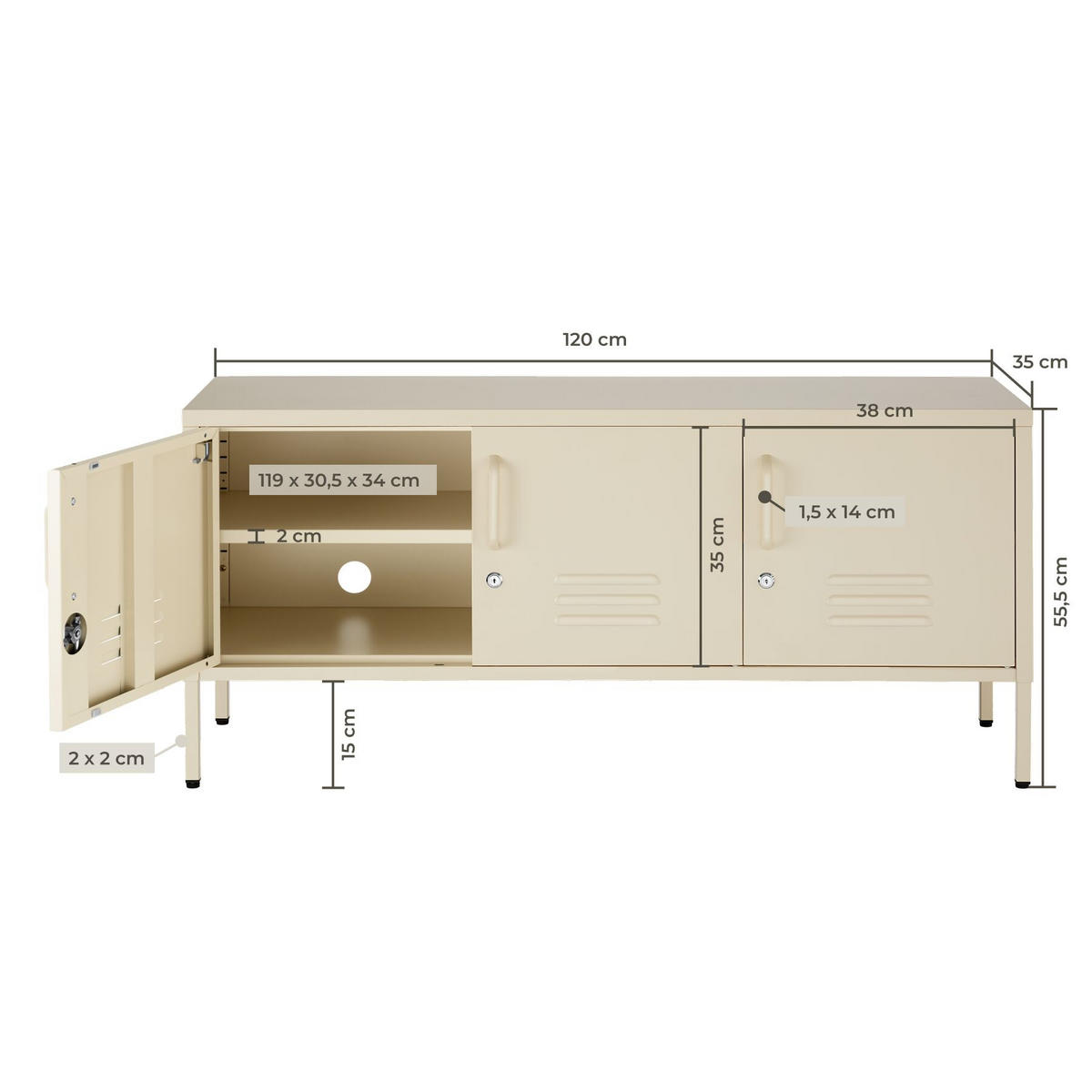 SIDEBOARD Baker, Kippschutz, höhenverstellbare Füße, creme - Creme, Metall (120/55.5/37.5cm) - tectake