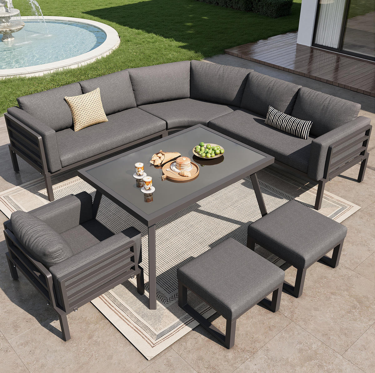 GARTENLOUNGE 114/67/77 cm grau aus Eisen mit Glastisch und 8 cm Polstern - Grau, Metall - OKWISH