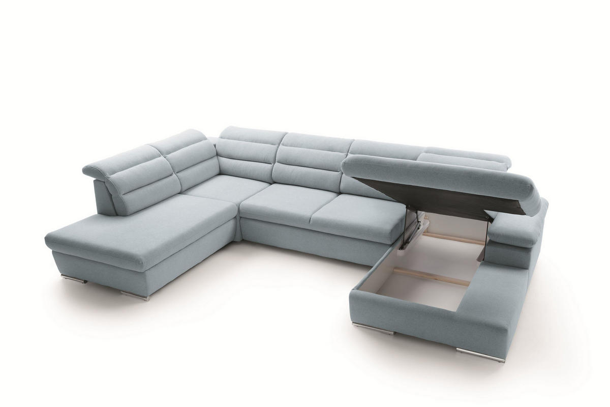 WOHNLANDSCHAFT RISO Blau Velours-Stoff mit Schlaffunktion - Blau, Holz (356/100/230cm) - MASSENO