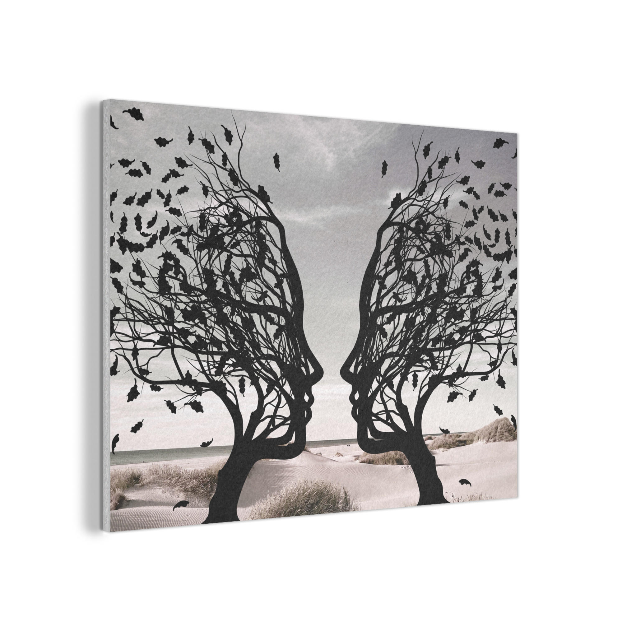 AKUSTIKPANEEL Strand - Meer - Menschen - Baum - Moderne Kunst 100x70 cm - Hellgrau, Textil (100/0.9/70cm) - MuchoWow