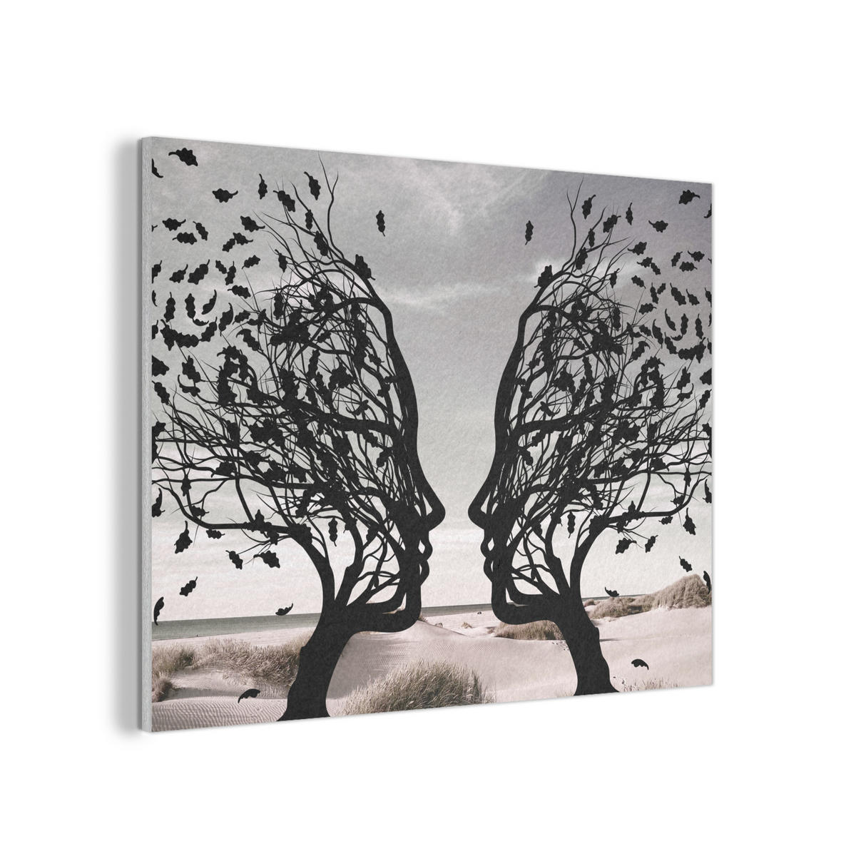 AKUSTIKPANEEL Strand - Meer - Menschen - Baum - Moderne Kunst 100x70 cm - Hellgrau, Textil (100/0.9/70cm) - MuchoWow