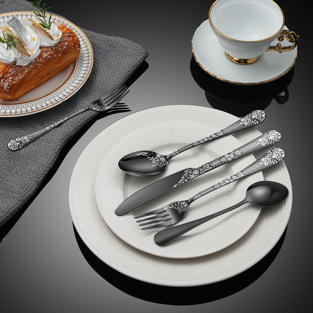 BESTECKSET 20-teilig Edelstahl - Schwarz, Metall - Kaket