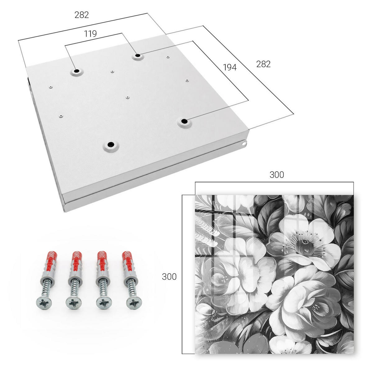 SCHLÜSSELBOX Weiß 30x30 cm – Türöffnung nach rechts - Monochromatische Blumen - Grau, Metall (30/30/5cm) - TULUP