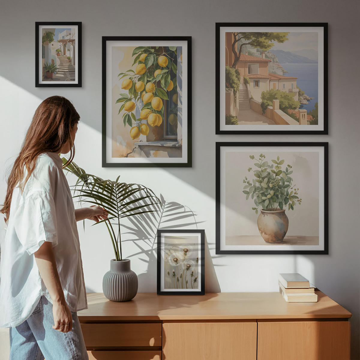 BILDER SET 5er Set - 50x50 cm & 20x30 cm & 40x60 cm Schwarzer Rahmen - Lemon Streets Meerblick - Schwarz, Kunststoff (40/60cm) - TULUP