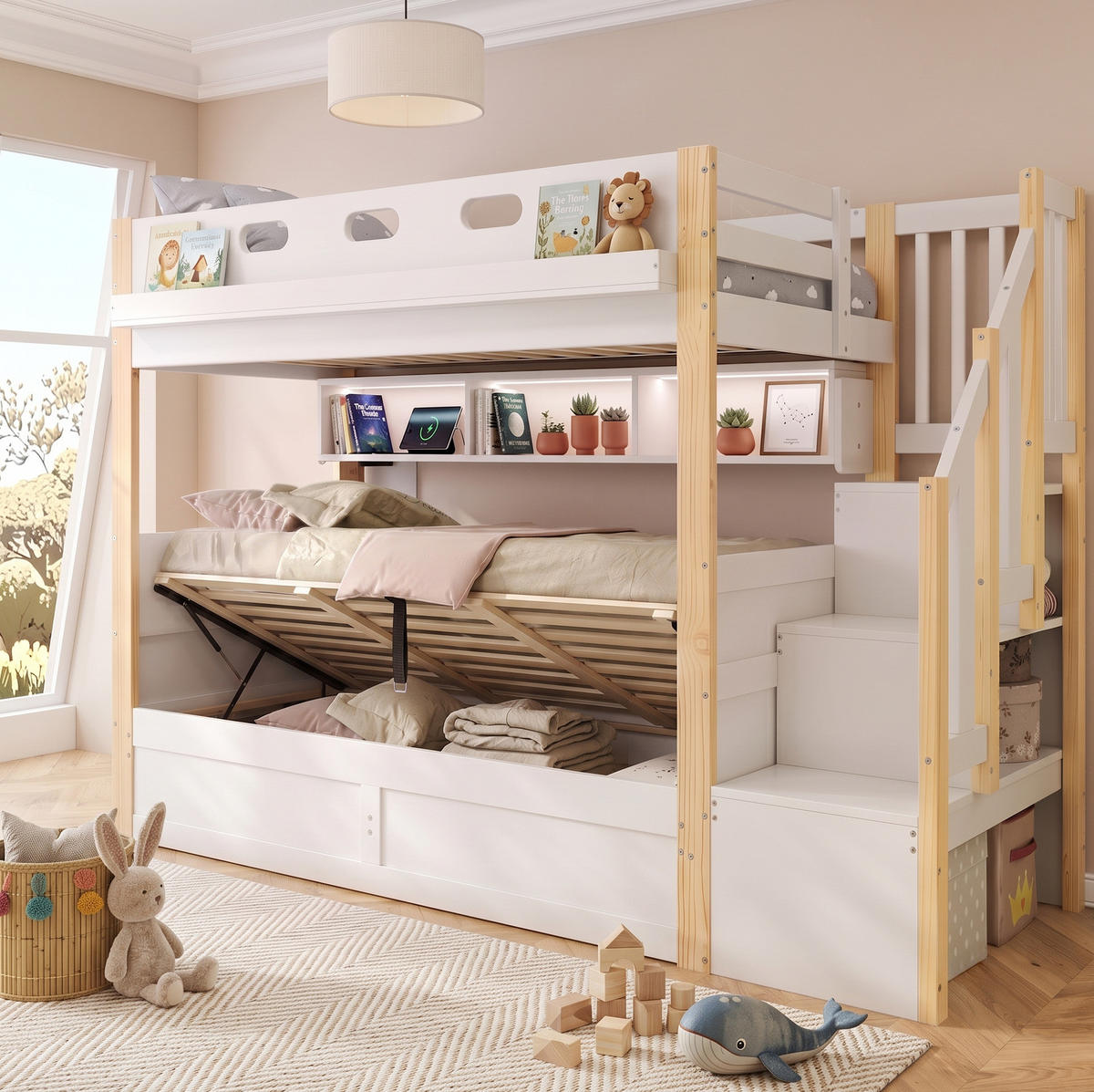 ETAGENBETT 90/200+90/200 cm in Weiß mit Stauraumtreppe und LED-Beleuchtung - Weiß, Holz (90/200cm) - Flora Grace
