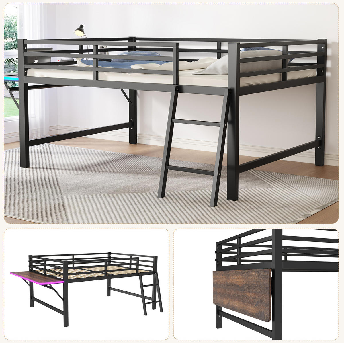 HOCHBETT mit Schreibtisch 140/200 cm in Schwarz – aus Metall mit Leiter - Schwarz, Metall (140/200cm) - BEAOK