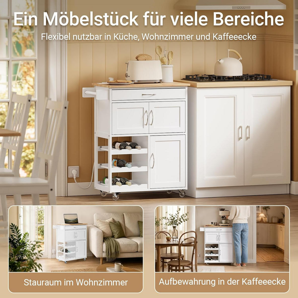KÜCHENWAGEN mit Steckdose und Weinregal 75x37,6x87 cm - Weiß, Holzwerkstoff (75/87/37cm) - SoBuy