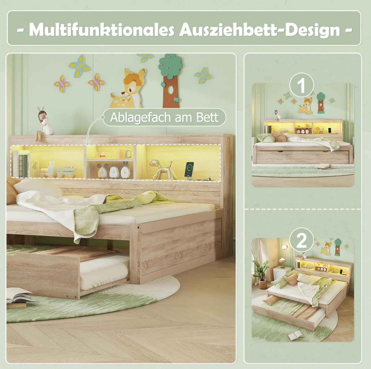 TAGESBETT 140/200 cm mit LED-Beleuchtung, Ausziehbett, USB und Stauraum - Naturfarben, Holzwerkstoff (140/200cm) - BEAOK