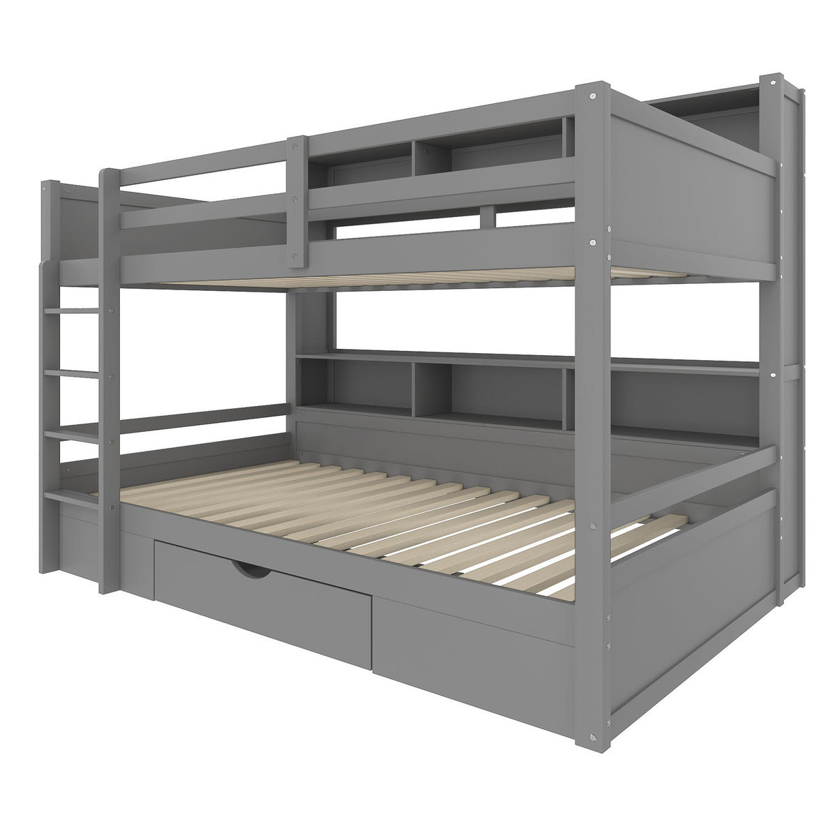 ETAGENBETT aus Kiefernholz und MDF 90x200 cm Grau mit Schublade, Ablagefächern und Sicherheitsgeländer - Grau, Holzwerkstoff (90/200cm) - Modfu