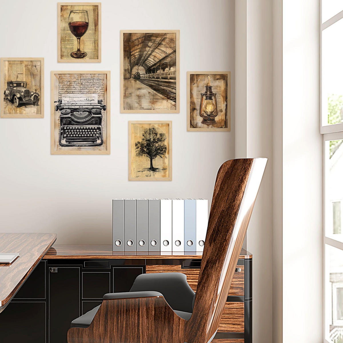POSTER Set Mit 6 Stile Di Vita Dello Scrittore Vintage A3 & A4 Rahmen Aus Hellem Holz - Beige, Papier (29/3cm) - Nacnic