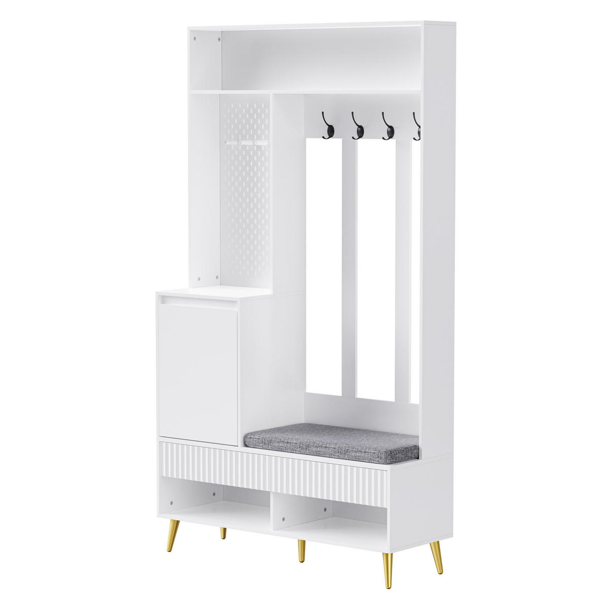 DIELENGARDEROBE mit Sitzbank, 4 Haken und Schuhablage, Weiß, 100/35/180 cm - Weiß, Holzwerkstoff (100/180/35cm) - BEAOK