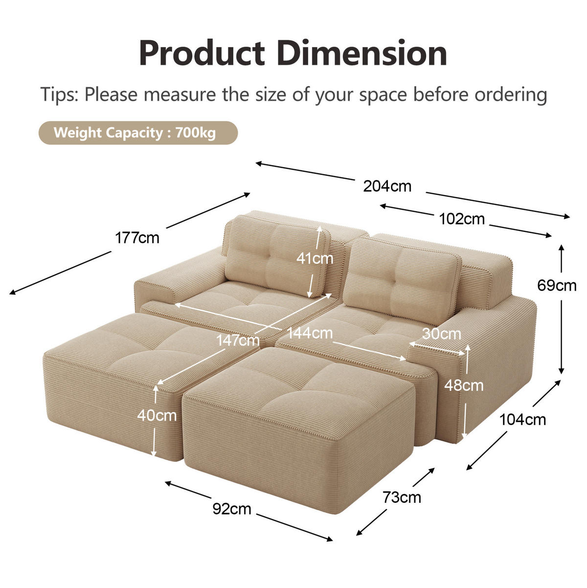 SOFA modular aus Cord Beige, montagefrei - Beige, Kunststoff (177/69/204cm) - Meubliv
