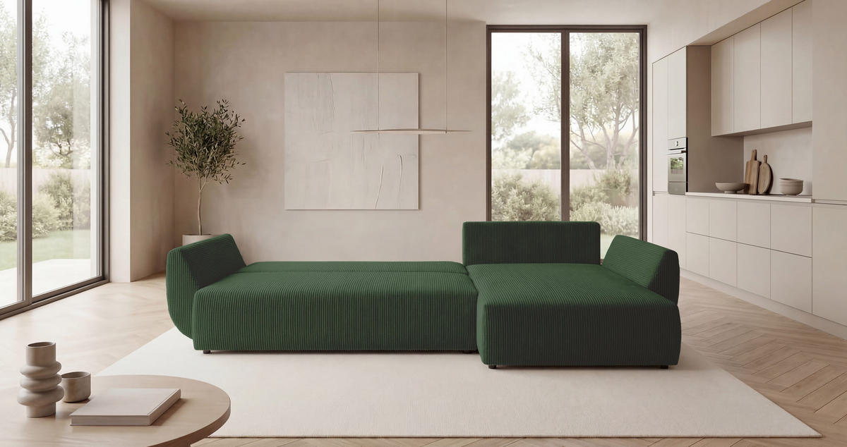 ECKSOFA SYDNEY rechts grün Cord Poso 14 - Schlaffunktion, Bettkasten - Grün, Textil (174/280cm) - Cornero