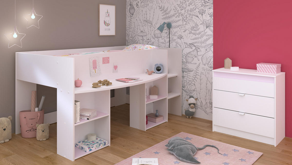 JUGENDZIMMER Pirouette 16 in Weiß mit Rosa oder Kieselgrau 2 teilig mit Hochbett - Weiß, Holzwerkstoff (120/200/80cm)