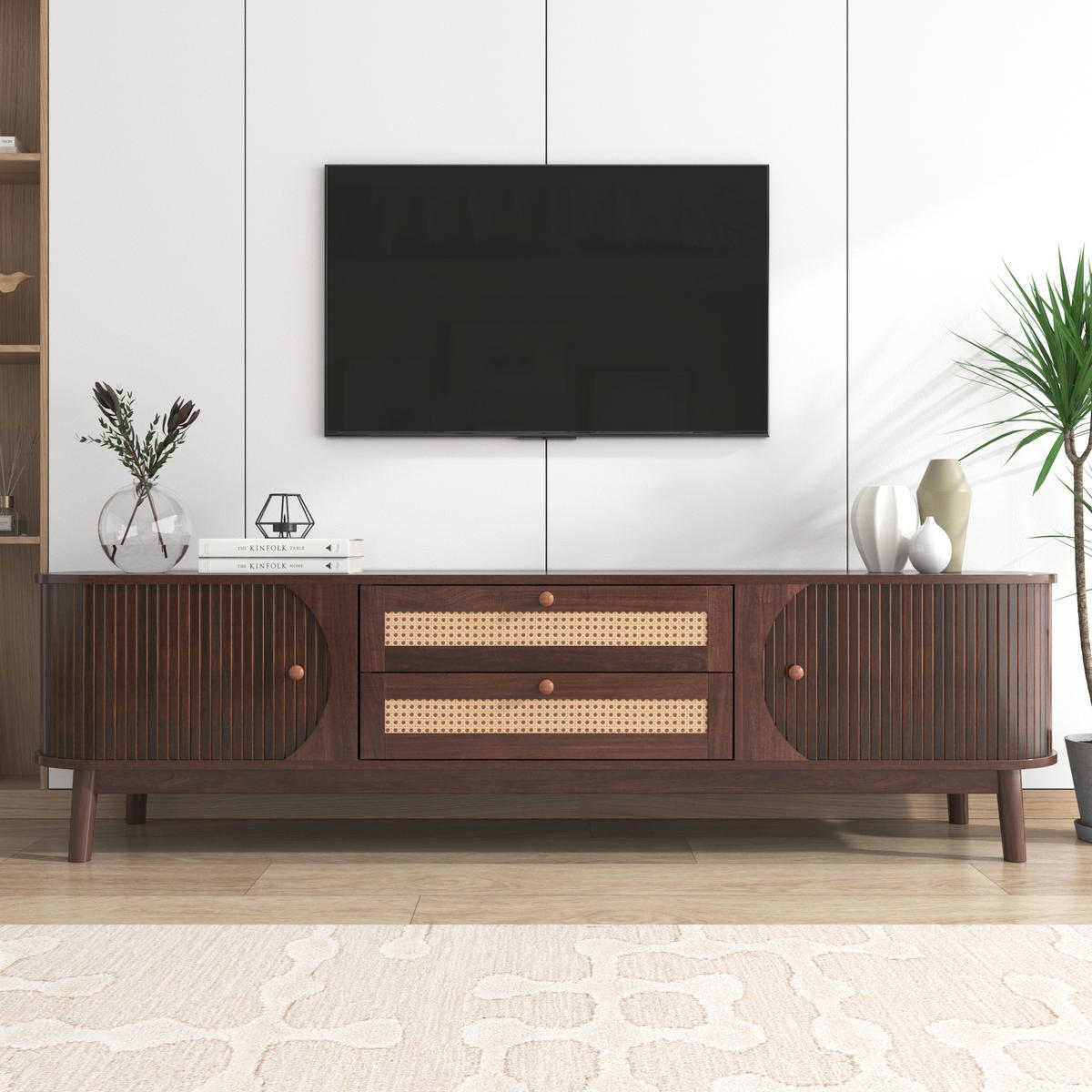 TV-SCHRANK 170/39,5/46 cm Natur MDF mit Rattanschubladen und Türen - Naturfarben, Holzwerkstoff (170/46/39.5cm) - OKWISH
