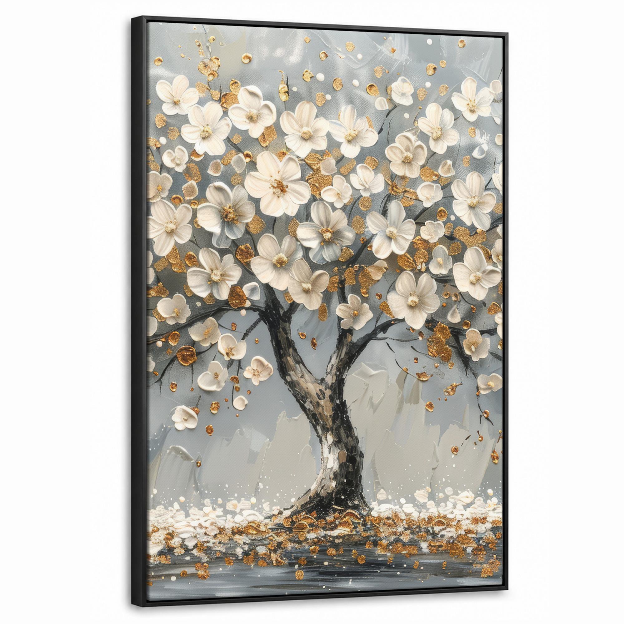 LEINWAND Bilder mit Rahmen - Baum - Blumen - Weiß - Natur - Kunst - 60x90 - Weiß, Textil (60/90cm) - MuchoWow