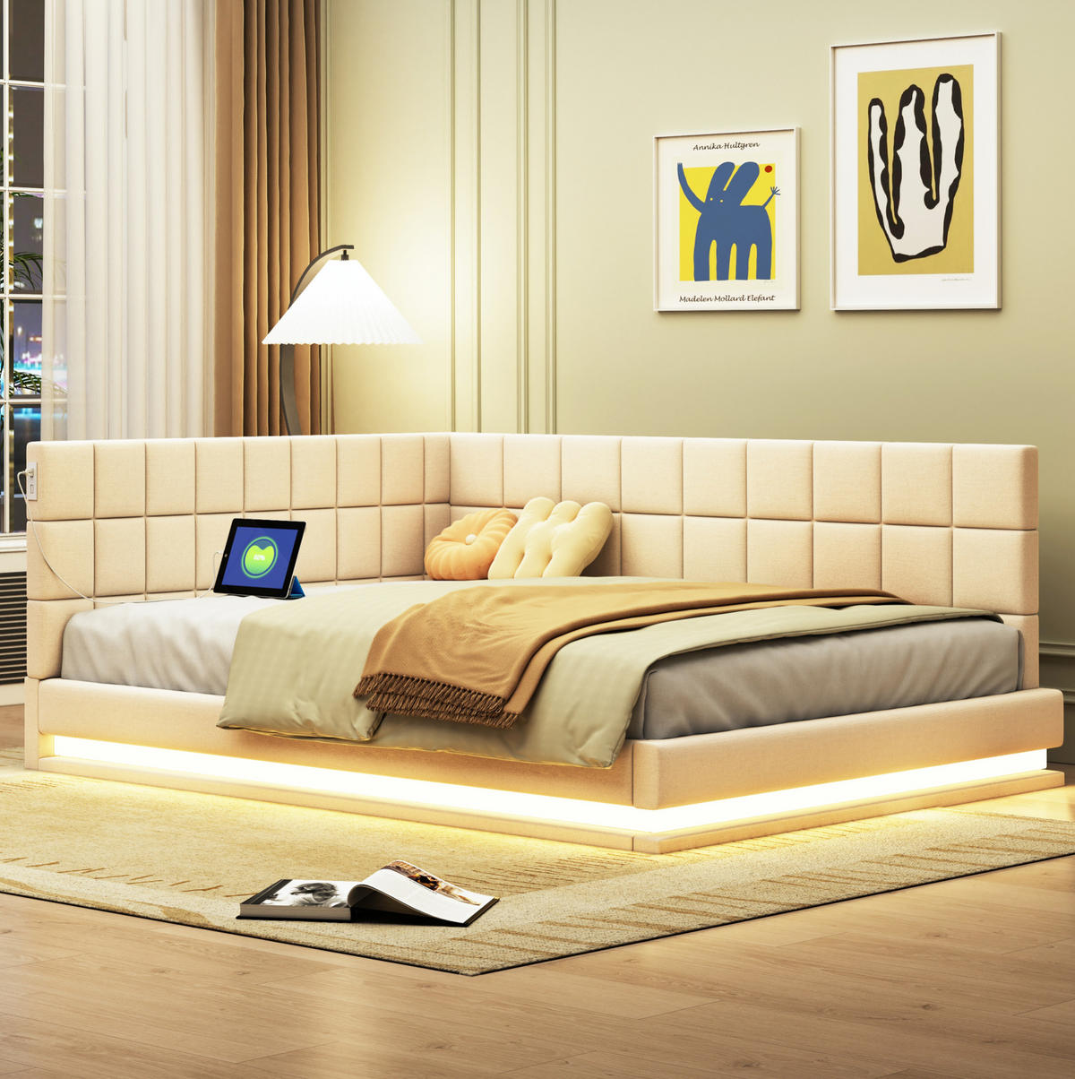 SCHLAFSOFA aus Leinen 140x200 cm Beige mit LED-Beleuchtung, USB-Anschluss und Lattenrost - Beige, Leder (140/200cm) - IVMEU