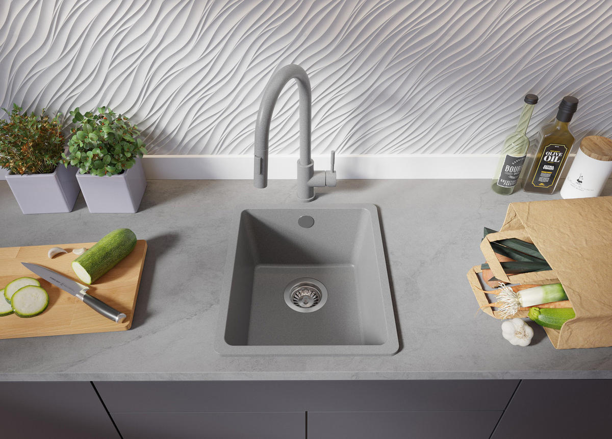 SPÜLBECKEN Venedig Slim Easy, 2-er set Grau 36/44 cm 1 Becken + Ablauf-Set ab 40er Unterschrank - Grau, Kunststoff (36/20/44cm) - Primagran