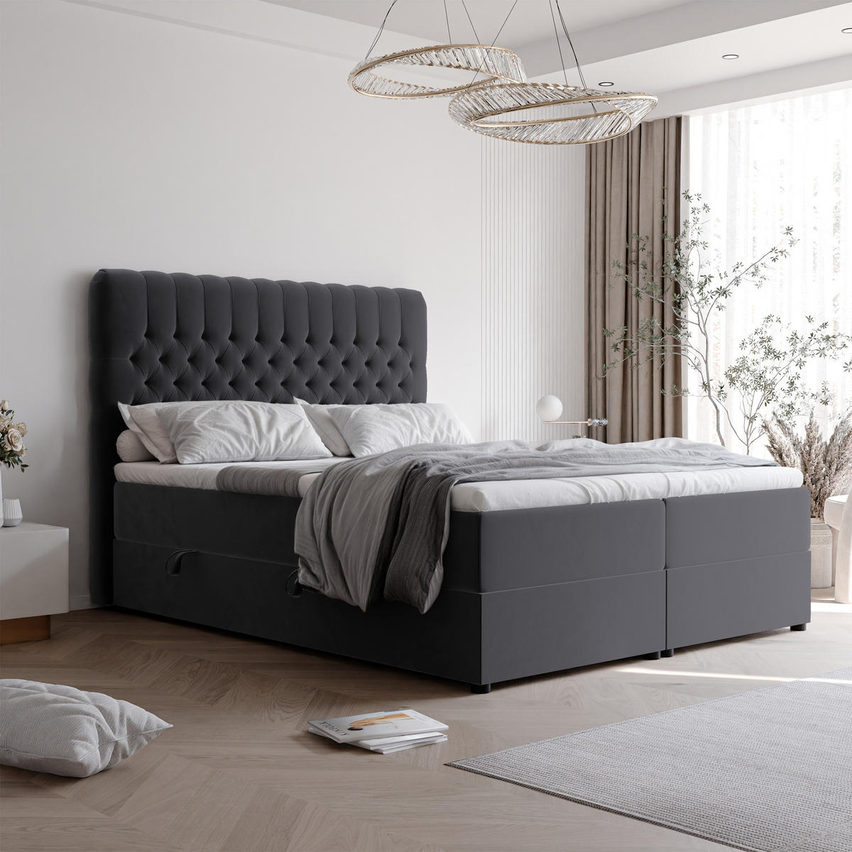 BOXBETT ALBA 180/200 cm, in Dunkelgrau, mit Matratze und Topper - Dunkelgrau, Holzwerkstoff/Textil (180/200cm) - Idohome