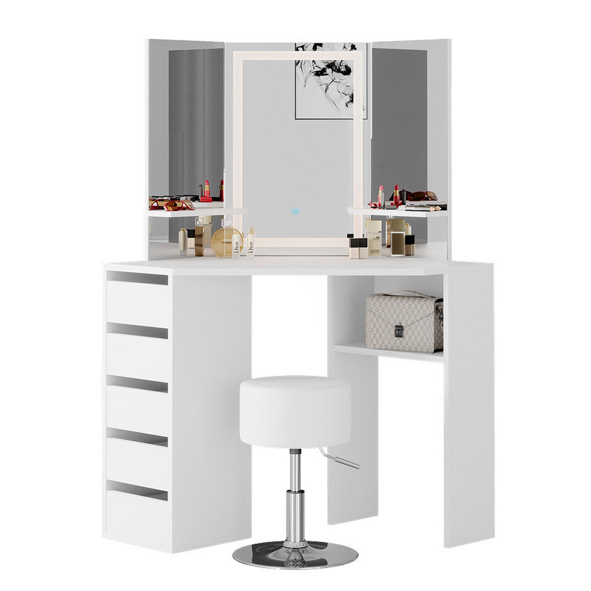 ECKSCHMINKTISCH Arielle Weiß 110 cm mit LED-Spiegel und Hocker - Weiß, Holzwerkstoff (110/141.5/54cm) - Vicco