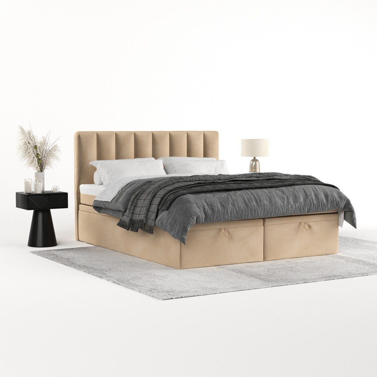BOXBETT Lume 180/200 cm Beige im Kronos Stoff - Beige/Schwarz, Holz/Holzwerkstoff (180/200cm) - AltaBeds