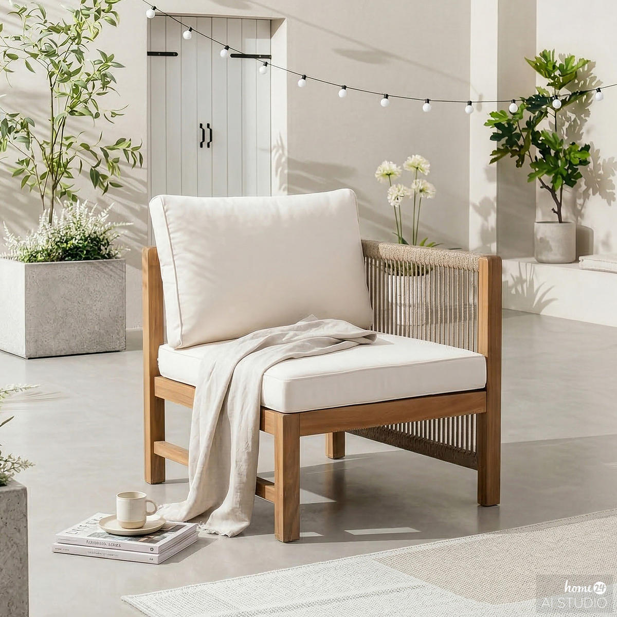 LOUNGESESSEL MIT 1 ARMLEHNE - Akazie massiv / Polyester - Braun / Beige - Beige/Braun, Holz/Textil (65/76/66cm) - home24