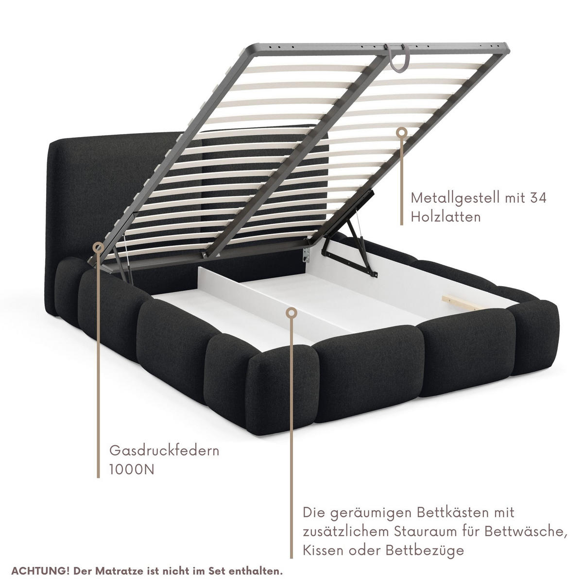POLSTERBETT ARDELLO mit Beinen mit Bettkasten,Bett 160x200,Doppelbett,Lattenrost,Boxspringbett-Optik,ohne Matratze,Schlafzimmer-Grau - Schwarz, Holz (180/200cm) - Furnistar