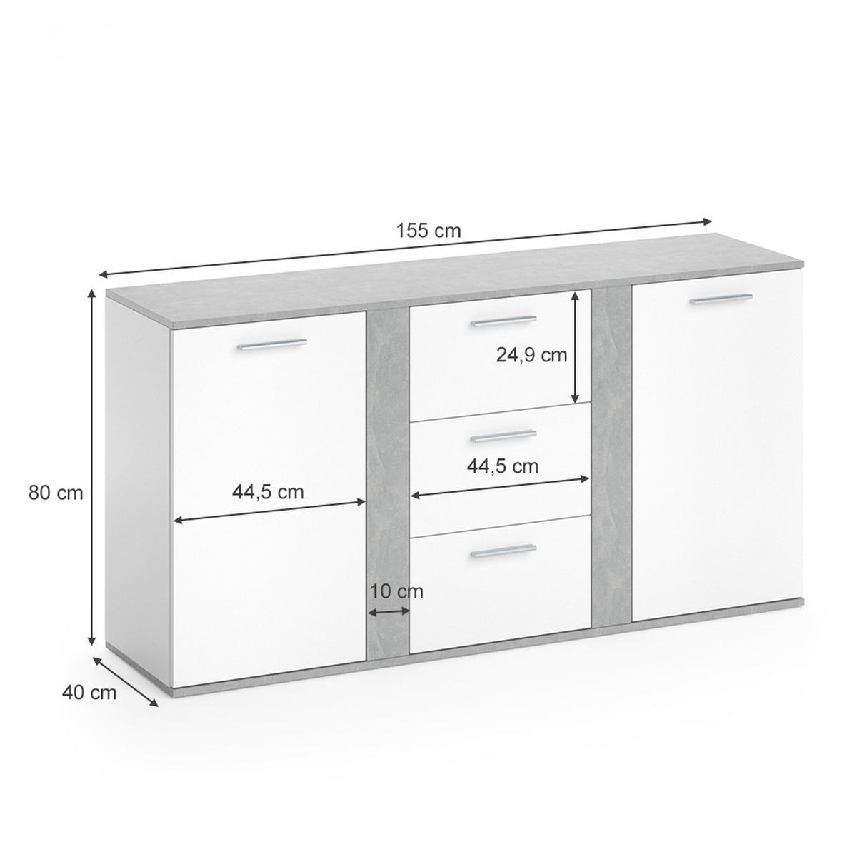 KOMMODE Novelli Beton 155 x 80 cm mit Schubladen - Grau, Holzwerkstoff (40/80/155cm) - Vicco