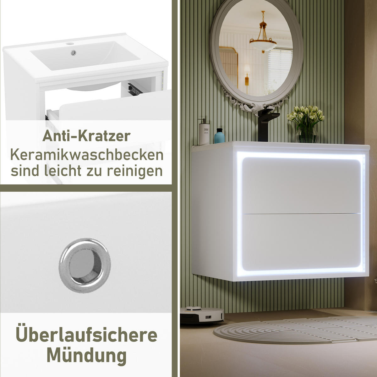 WASCHTISCHKOMBI Weiß hängend mit LED-Radarsensor & Keramikbecken - Weiß, Keramik/Holzwerkstoff (60/50/46cm) - Urban Meuble