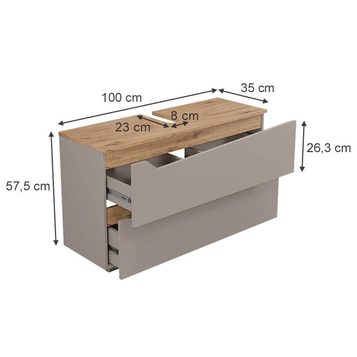 WASCHBECKENUNTERSCHRANK Marelle, Greige/Artisan-Eiche, 100 x 57.5 cm mit 2 Schubladen - Greige/Eiche Artisan, Holzwerkstoff (100/57.5/35cm) - Vicco