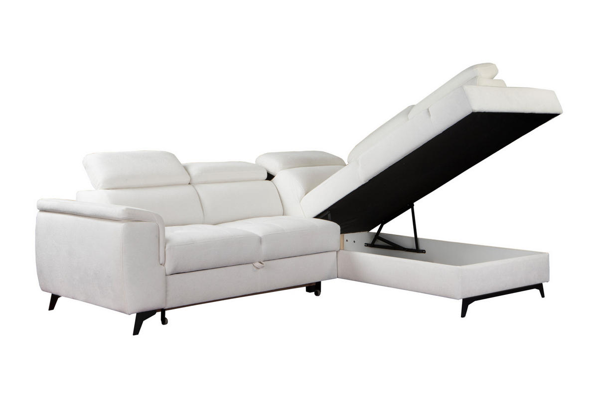 ECKSOFA VOLA Weiß Velours-Stoff mit Schlaffunktion - Weiß, Holz (270/199cm) - MASSENO